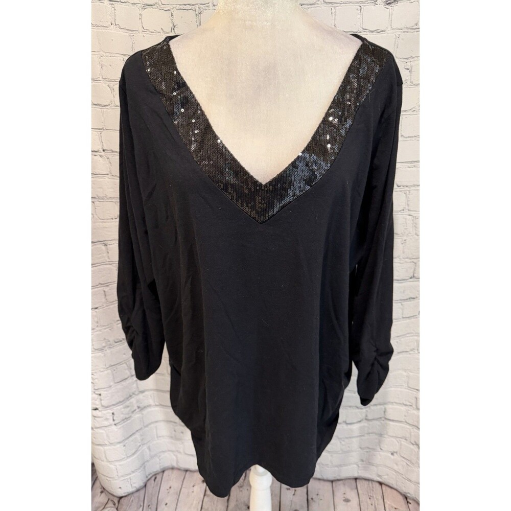 Lane Bryant Top Women's Black Sequin V-Neck Long Sleeve Cotton Blouse Plus 26/28
